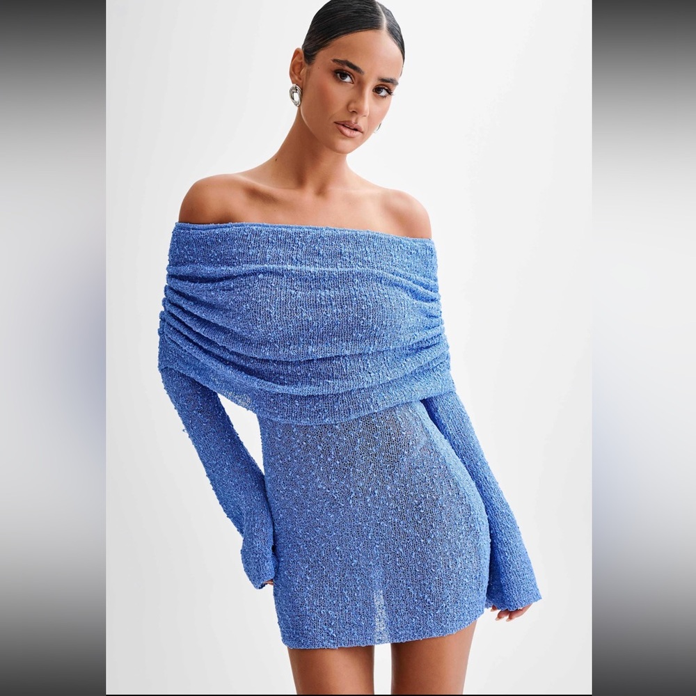 NWT Meshki marisol off shoulder boucle mini dress-periwinkle